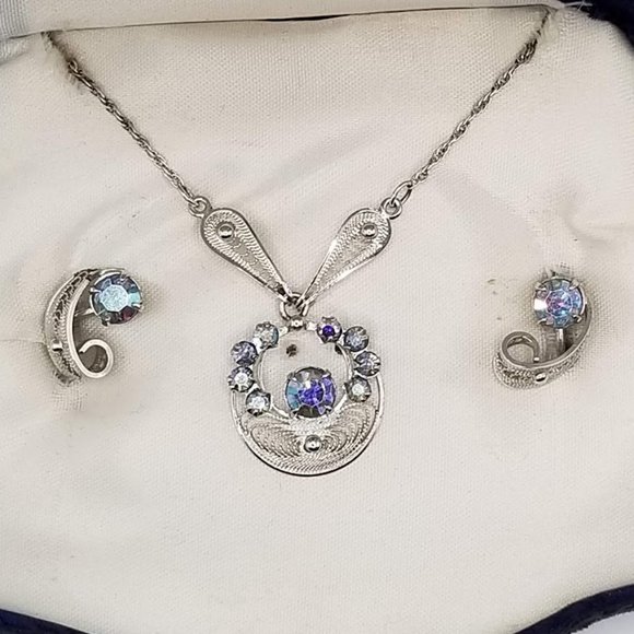 Dixelle Vintage Sterling Necklace & Screw-on Earring Set AB Rhinestone - Picture 4 of 13